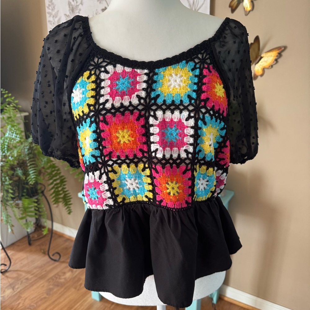 Colorful Crochet Crop Patchwork Top 1XL